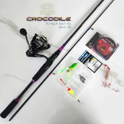 Combo bộ cần câu lure máy đứng Crocodile màu đen máy câu Deukio AC3000 và bộ quà tặng cực sịn