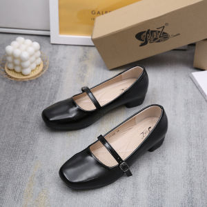 [JY] Summer fashion 1 inch square toe black leather shoes student  office shoes high heel women
