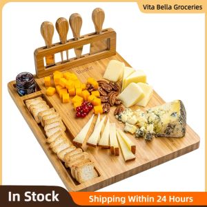 Bamboo Cheese Board With Stainless Steel Cutlery Set Wooden Charcuterie Chopping Board Pizza Board