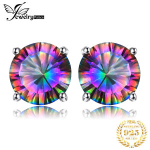 JewelryPalace Round Genuine Rainbow Mystic Quartz 925 Sterling Silver Stud Earrings Women Fashion Statement Gemstone Jewelry