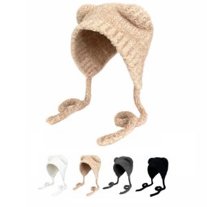 LUMINOU Lace-up Bear Ears Knit Hat Warm Slouchy Ear Protection Hat Soft Fleece Lined Plush Beanie Cap Winter