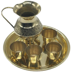 Miniature Drinkware Set show pieces|Traditional Handcrafted Brass | Brass Jug and Glasses with Plate Minimature Kitchen Set for kids |show pieceJug Tray & Glasses Set of 6 Pcs | Gold Color (Pack of 1 Set)