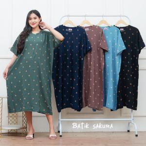 Daster Jumbo LD 140 Manohara Motif Printing Batik Sakura Pekalongan Baju Dress Piyama Panjang Wanita Busui Friendly Bumil Putri Tidur Cantik