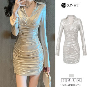 ZYHT EraVogue เดรสผู้หญิง เดรสสีทอง เดรสแขนยาว เดรสคอปก เดรสเงางาม เดรสไฮโซ เดรสวินเทจ เดรสออกงาน เดรสปาร์ตี้ เดรสฝรั่งเศส 9677