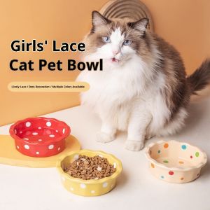 Beierwa bát cho thú cưng bằng gốm chấm bi viền ren dễ thương cho mèo và chó nhỏ thiết kế cằm chống Đen
