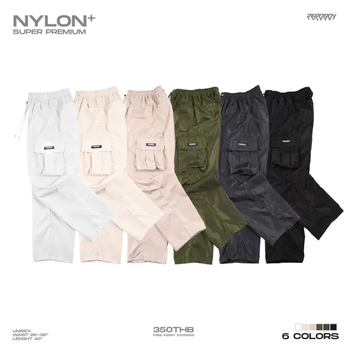 ZEROBOY - NYLON PANTS กางเกงขายาววินเทจผ้าร่ม สีครีมขาว สีครีมเหลือง สีดำ สีเทา สีเขียวขี้ม้า สีขาว