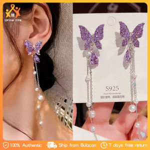 Purple Crystal Butterfly Tassel Drop Earrings Women Fashion Bling Dangle Zircon Butterfly Tassel Earring Jewelry Gift