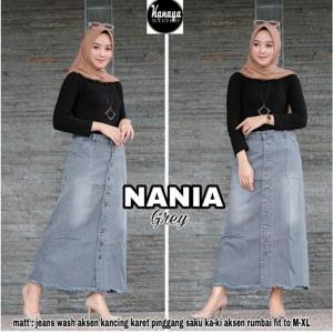 Nania Rok Jeans Panjang Wanita - Rok Span Denim - Rok Payung Jumbo Terbaru - Rok Plisket Wanita Kekinian - Button Up Skirt Jeans