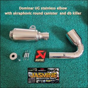 Stainless Elbow for a Dominar UG with an Akraphovic round canister and db reducer