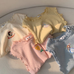 【2nd 50% off】Childrens Vest Summer Girls Cartoon Hollow T-shirt Baby Broad Printed Sleeveless Lace Top