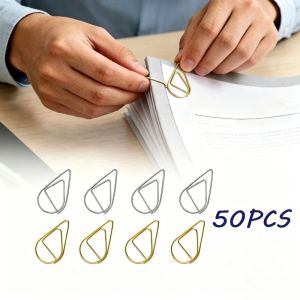 50pcs Metal Drop-Shaped Paper Clips Gold Silver Document Paperclips Scrapbooking Crafts Bookmark Clip Office School Stationery