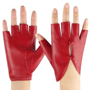 JAYQQ Thiết kế hở ngón tay Găng tay nửa ngón Da PU Thiết kế thời trang Găng tay không ngón Thanh lịch Lỗ cài nút chống trượt Găng tay biểu diễn khiêu vũ Dành cho phụ nữ