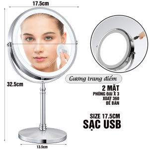 Gương trang điểm để bàn LED treo tường phóng đại zoom x3 2 mặt xoay siêu nét Minh House