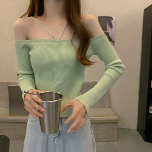 เสื้อเชิ้ตแขนยาวผู้หญิง คล้องคอ เสื้อถักนิตติ้ง เสื้อปาดไหล่ อวดหุ่นแซ่บๆ แฟชั่น เบาสบายสไตล์ลำลอง