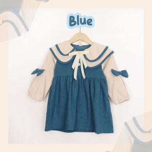 X Baby Dress Gaun Anak Perempuan Corduroy Renda-Neck Pita Polos Korean Style Elegant Usia 1-5 Tahun
