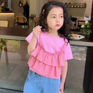 Áo Thun Bé Gái Áo Trẻ Em Vải Cotton Màu Trơn Xếp Nếp Tay Ngắn Quần Áo Bé Gái Mùa Hè Áo Hàn Quốc