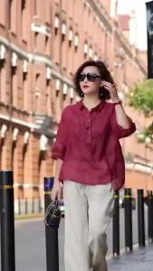 Womens Thin Small Shirt Cotton Linen Shirt Medium Sleeve Thin Blouse