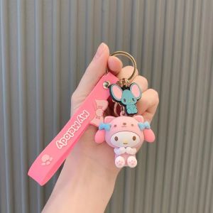 Kawaii Kuromi Melody KT Pompom Purin Keychain Animal Series School Bag Charm Cartoon Key Ring Pendant