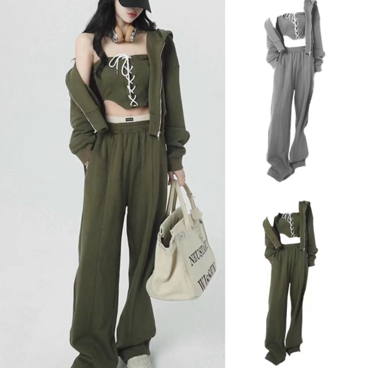 COD Ready Stock】Y2K Green Jogging Three Piece Set Women Kpop Outfit  Streetwear Gray Sport Training Pants Hip Hop Zip Up Hoodie Crop Top