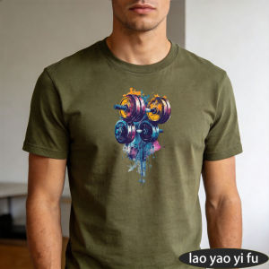 [Local Stock] HBESTY  Color Splash Dumbbell Weightlifting Watercolor Art Men Summer Cotton T Shirt Gym Fitness Creative Print Short Sleeve Daily Top