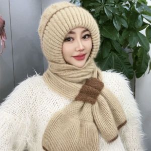 MIRELAE Fleece Lined Knitted Hat Scarf Set Patchwork Design Windproof Balaclava Neck Warmer Warm Thick Knit Integrated Hat Scarf Combo For Women