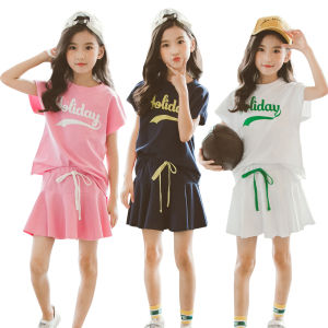 Rolanko 2-11 Years Girls Summer Daily 2Pcs Short Sleeve T-Shirt Top+ Skirt Set Sport Casual Wear Outfit