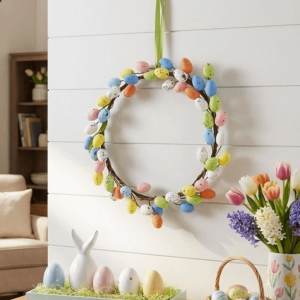 MEZCJ Artificial Easter Egg Wreath Handmade Simulation Front Door Wreath Farmhouse Foam Egg Colorful Egg Garland Garden Gate