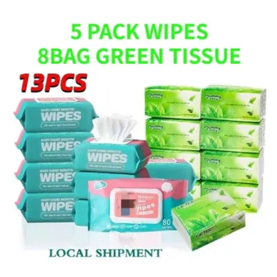 （BUY 5 GET 8 FREE）300 Sheets x 8Packs Organic GreenTea Facial Tissue 3ply And 5Packs Baby Wipes Napkin