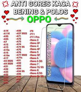 ANTI GORES KACA / TEMPERED GLASS BENING OPPO A1K-A11KA3S-A5S - A7-A12-A15-A16-A17-A5 2020-A31-A32-A33-A52-A53-A54-A55-A56-57 2022-A71-A91-A92-A93-A94-A95-F7-F9-F11-F11 PRO. TERSEDIA SEMUA TIPE OPPO PELINDUNG LAYAR HP