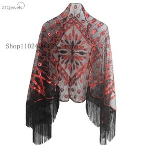 Womens 1920s Sequined Mesh Scarf Cape Fringed Evening Dress Shiny Shawl