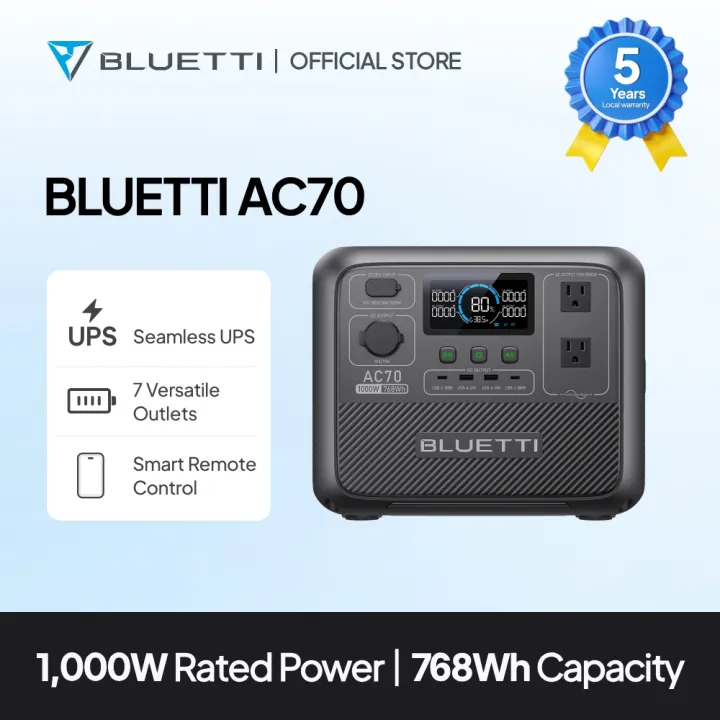 BLUETTI AC70 Portable Power Station 768Wh 1000W LiFePO4 Battery Solar Generator for Emergency Backup Camping Motors Home