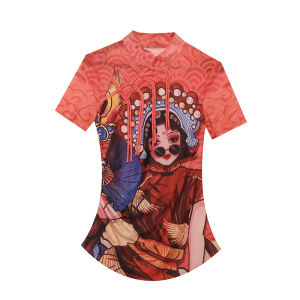 REHIN Womens top Buckle stand collar short-sleeved T-shirt Cartoon style printed base shirt European fashion retro slim fit S-3XL blouse