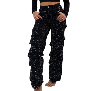 Comfort Fit Rhinestones Embellished Wide Leg Jeans For Women Elastic Waistband Functional Pockets Stretch Denims Trousers
