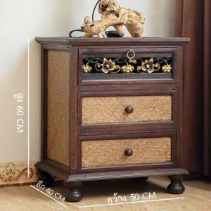 ตู้หัวเตียง ตู้ใส่ของ ตู้ข้างเตียง 3 ลิ้นชัก ตู้วินเทจ ตู้แต่งลายเขียนทอง ตู้ไม้แกะสลัก ตู้เสื่อกก Night stand
