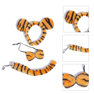 3pieces Plush Tiger Ears Shape Hairhoop Cosplay Tail and Bowtie Suit Headdress Halloween Birthday Party Set for Kids