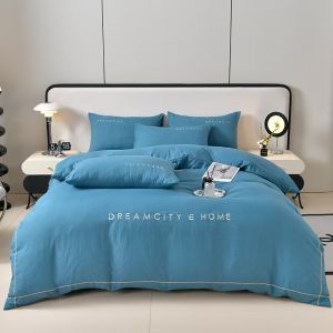Flag Fresh Solid Color Embroidery Soft Cotton Four-Piece Set Skin-Friendly Bedding Bed Sheet Student Dormitory Three-Piece Set LZD