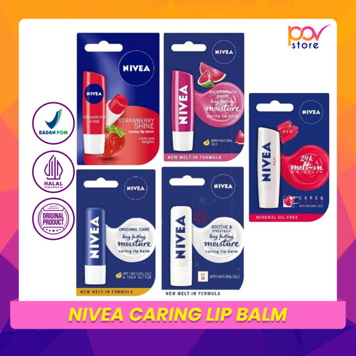 Nivea Caring Lip Balm Strawberry Shine 4 8gr 24h Melt In Moisture Pov