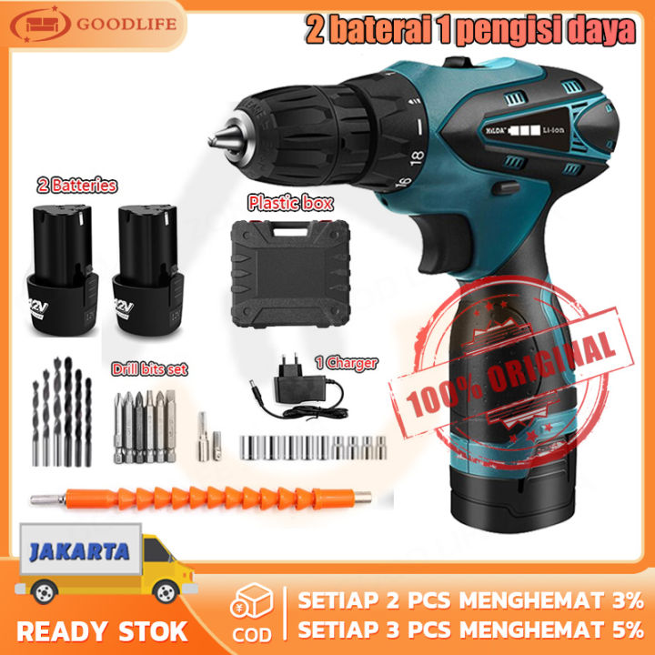 (Dikirim Dari Jakarta)Bor baterai cas komplit 12V Mesin bor cas murah 10mm Bor tangan baterai Bor Tanpa kabel Cordless drill Bisa Bolak Balik Termasuk koper dan mata/mesin bor cas 2 baterai/bor cas murah 2 baterai promo/bor cordless/bor charger 2 baterai