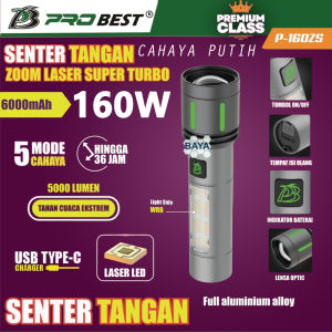 PROBEST Lampu Senter Tangan LED Laser 160Watt w watt RGB Zoom in Out Flashlight PREMIUM Ori Kualitas Super Bagus 5 mode Cahaya cas charger senter proyek kecil besar portable gantung meja indoor outdoor waterproof tahan air hiking camping mancing berburu