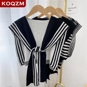 [COD] KOQZM KITCHEN Korean Style Fashion Knitted Shawl Shirt Shoulder Striped Collar Retro Style Scarf Female Accessories