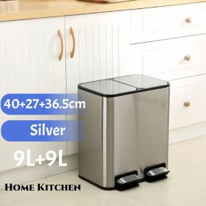 20L+20L stainless Kitchen Double Barrel waste segregation recycle trash bin with cover Dry Wet Separation big trash can