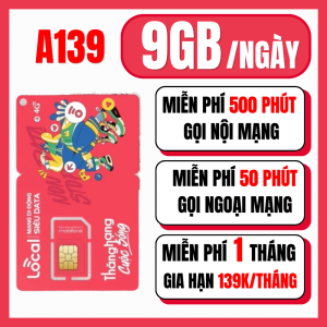 ( MIỄN PHÍ THÁNG ĐẦU ) Sim Mobifone 4G Local A139 Tặng Data Tốc Độ Cao 9GB/Ngày (270GB/Tháng) Kèm Gọi Nội/Ngoại Mạng | FREESHIP - CHƯA KÍCH HOẠT