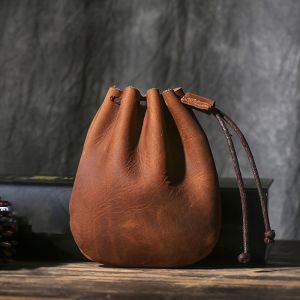 Vintage Coin Purse Men Women Genuine Leather Casual Small Coin Wallet Hard Leather Money Pocket Drawstring Storage Bag NUPUGOO