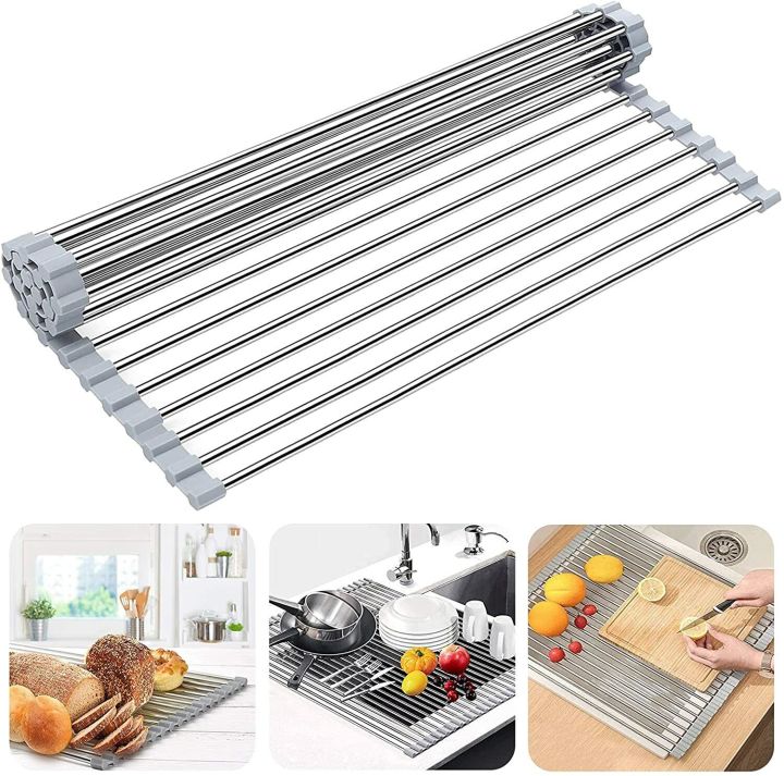 47cm Foldable Stainless Steel Dish Drainer Roll Up Dish Drying Rack ...