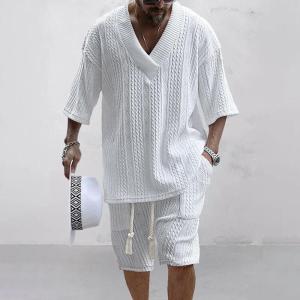 2026 Spring and Summer Casual Shorts Set Knitted Two Piece Mens V-neck Short Sleeve T-shirt and Shorts Street Wear Knitted Set2026