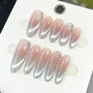 【HANDMADE+Free Glue】Artificial Nail Pink Blue Gradient Blush Side Light Cat Eye Fine Shimmer Phototherapy Fake Nail Patch Press on Nails Reusable