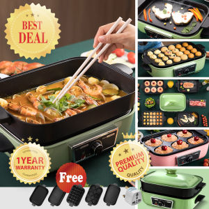 1400W Multi-Function Cooker Non-Stick Barbecue Grill Griddle Takoyaki Pan Tray 2.5L Hot Pot Electric Skillet GREEN COLOR