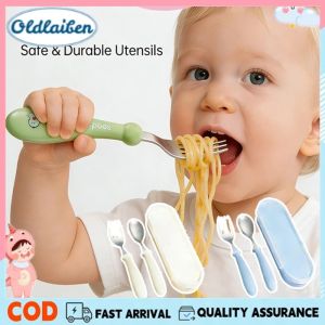 Oldlaiben 304 Stainless Steel Baby Fork Spoon Set Toddler Training Utensils with Soft Silicone Handles
