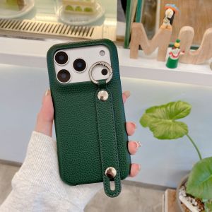 Litchi Leather Hand Strap Matte Case for iPhone 17 Pro Max 16 15 14 13 12 11 XR X Slim Wristband Kickstand Phone Cover Funda