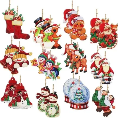 24Pcs Wooden Ornaments Set For Christmas Tree Decoration Hanging Wooden Pendants Decor